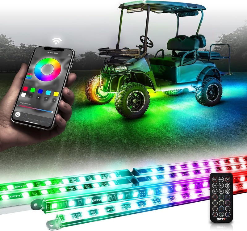 OPT7 Aura 12V DreamColor Underglow Chasing Lights for Golf Cart w/APP & Remote Control, Waterproof Rigid Aluminum Light Bar, Decorative RGB-IC Car LED Lighting Kit, EZGO Yamaha Club Car Universal Fit - Image 1